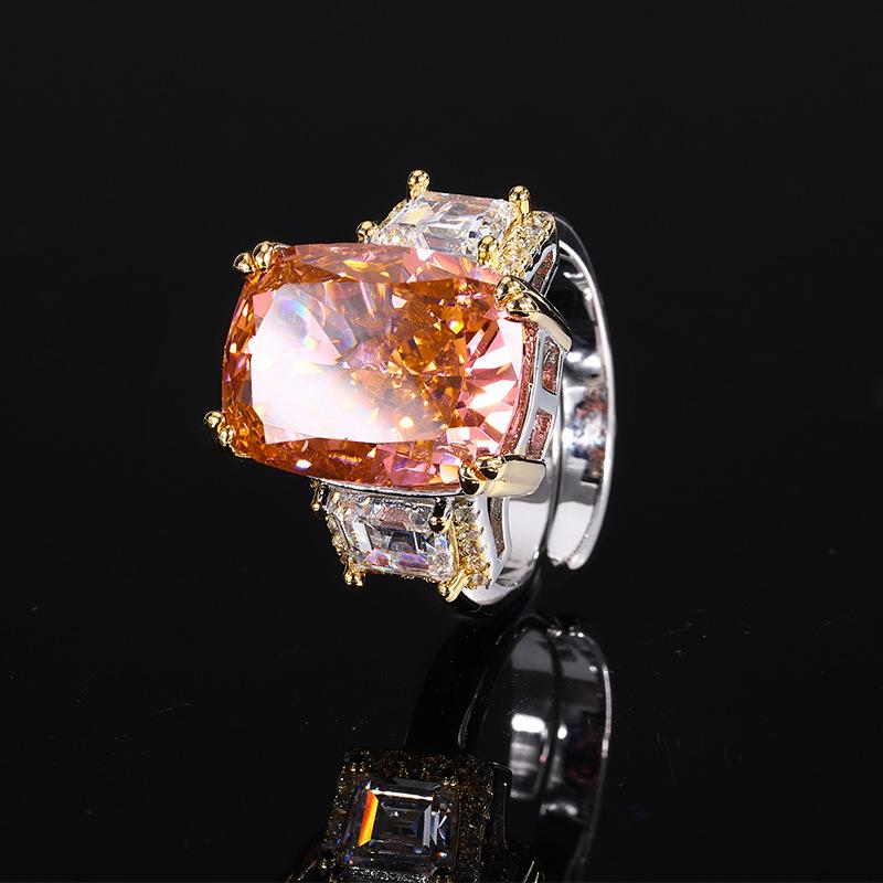 Jewelry Copper Bottom Gold-Plated High Carbon Diamond Ice Flower Square Diamond Copper Setting Temperament Light Luxury Retro Ring Women 12 * 16