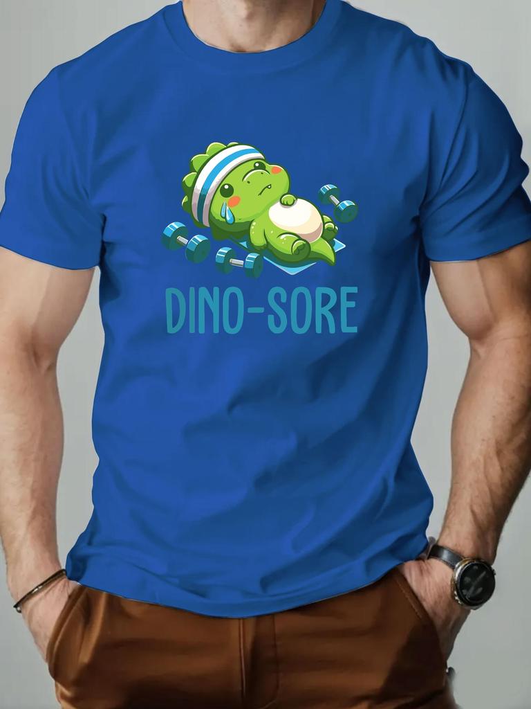 Men's Short Sleeve T-Shirt Cute Dino Sore Cartoon Dinosaur Fitness Graphic Print Weightlifting Theme Casual Streetwear Top