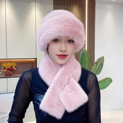 2 Teile/satz Frauen Winter Hut Schal Set Fuzzy Plüsch Verdickt Winddicht Wärme Retention Kreuz Hals Wrap Einfarbig Dome Faux Pelz Fi