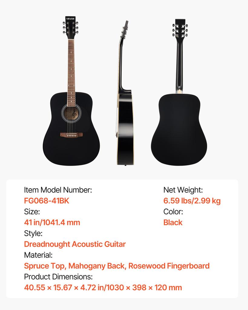 VEVOR 41 in / 1041.4 mm Dreadnought Acoustic Guitar Beginner Bundle for Adult Taller Black