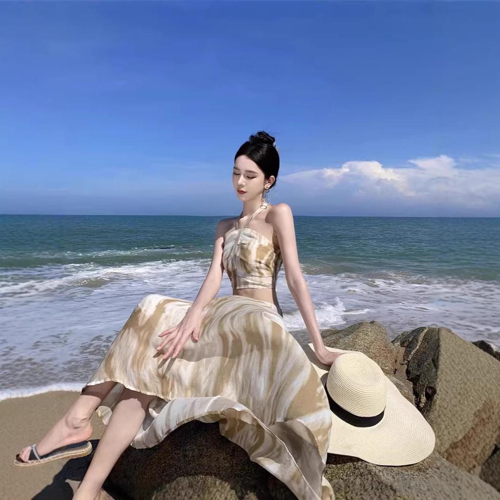 Summer high-end coffee break French seaside vacation sexy long dress ink tube top suspender fashionable two-piece set