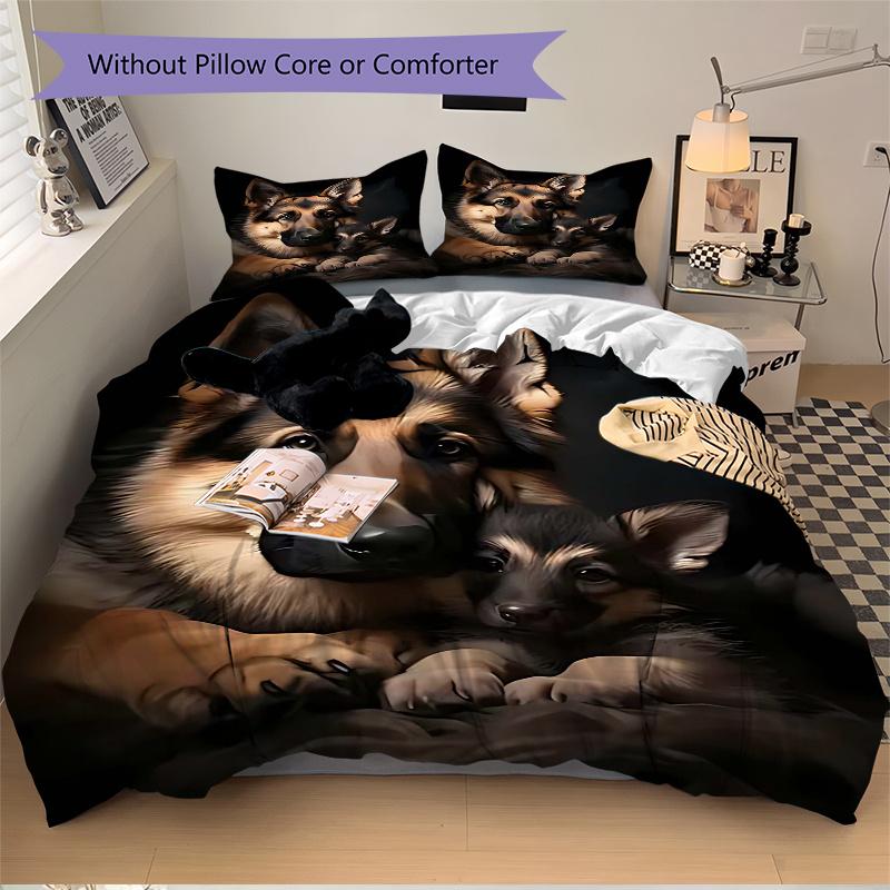 3pcs German Shepherd Dog Family Bedding Set - Includes One Quilt Cover and Two Pillowcases (No Core) - Home Decor Gift for Anime Lovers - Polyester Fa