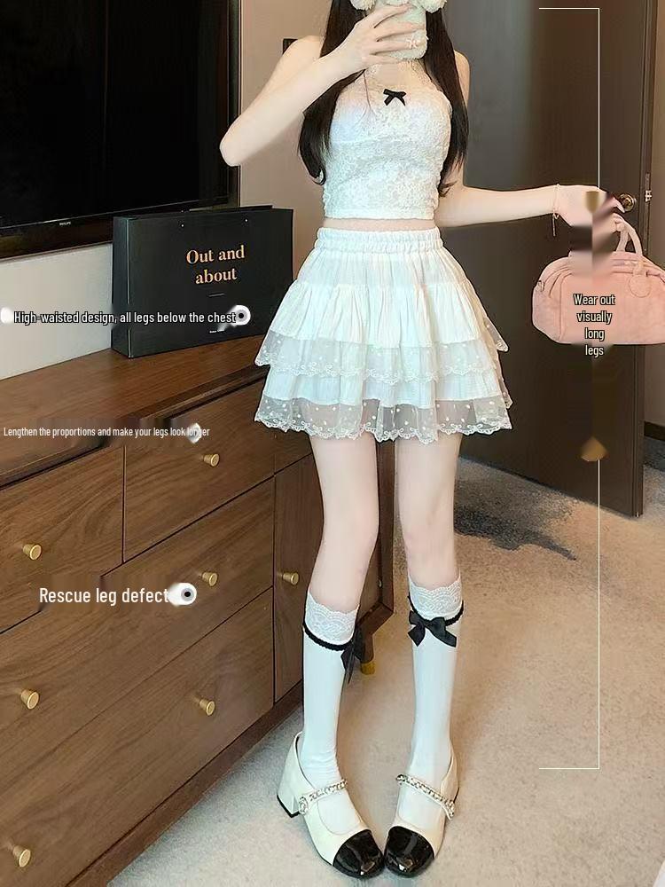 Women's 2026 Ballet Style Lace Trimmed High-Waisted Summer Layered Fluffy Short Skirt