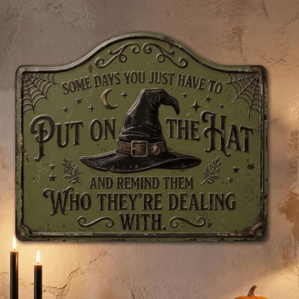Vintage Witch Hat Sign 2D Flat Printing Retro Wall Art Sign Witch Hat Plaque Halloween Decoration
