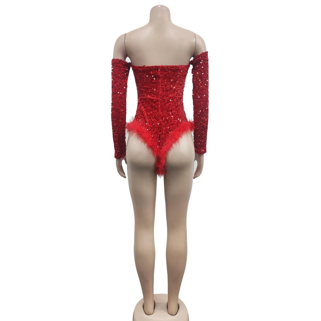 Sequined Long Sleeve Solid Color Jumpsuit with Shorts - Women's Fashion Europe America