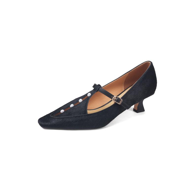 

Fashion New Summer Horsehair Women Pumps Shoes for Women Fashion Pearl Square Toe Mary Jane Shoes Women Belt Buckle Ladies Shoes 39 чёрный