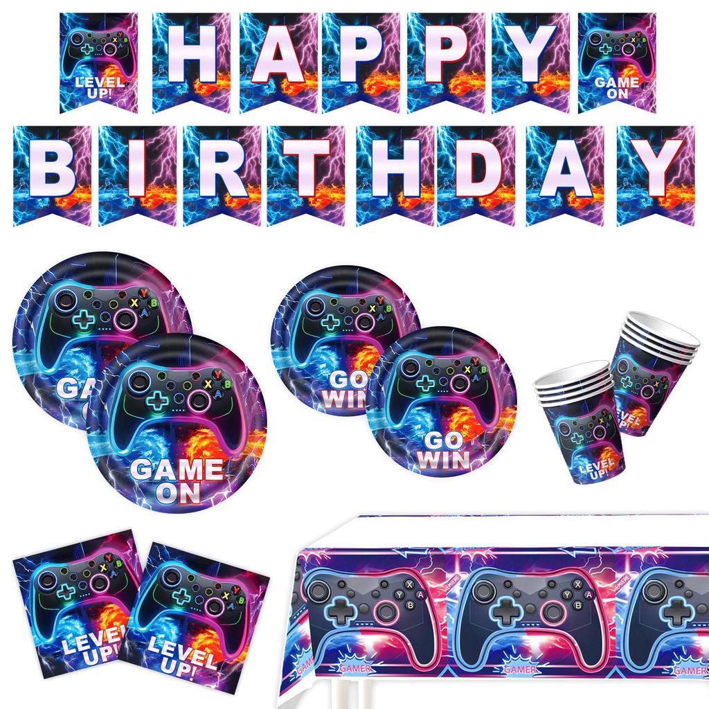 Purple Game Console Controller Birthday Party Set: Plates, Cups, Napkins & Tablecloth