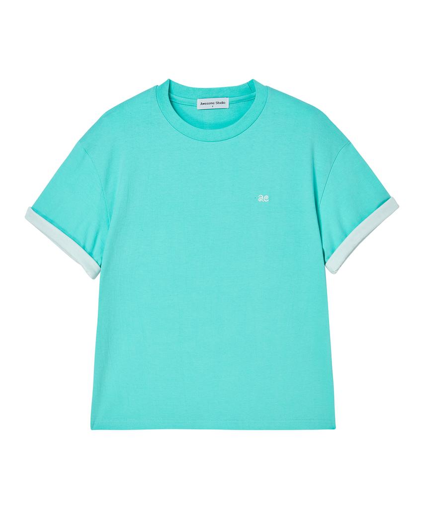AWESOME STUDIO Color Block Roll-Up Sleeve T-Shirt Pistachio