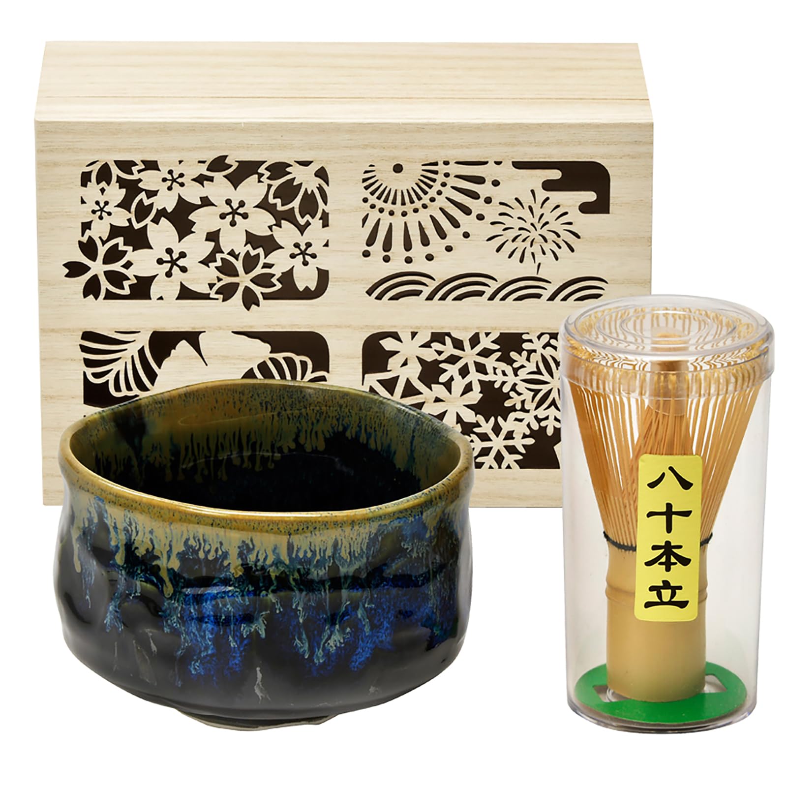 Mino ware matcha bowl gift set in a wooden featuring and navy approximately matcha tea tea and a set of four seasons from Yamakatsu Mino Made in box,
