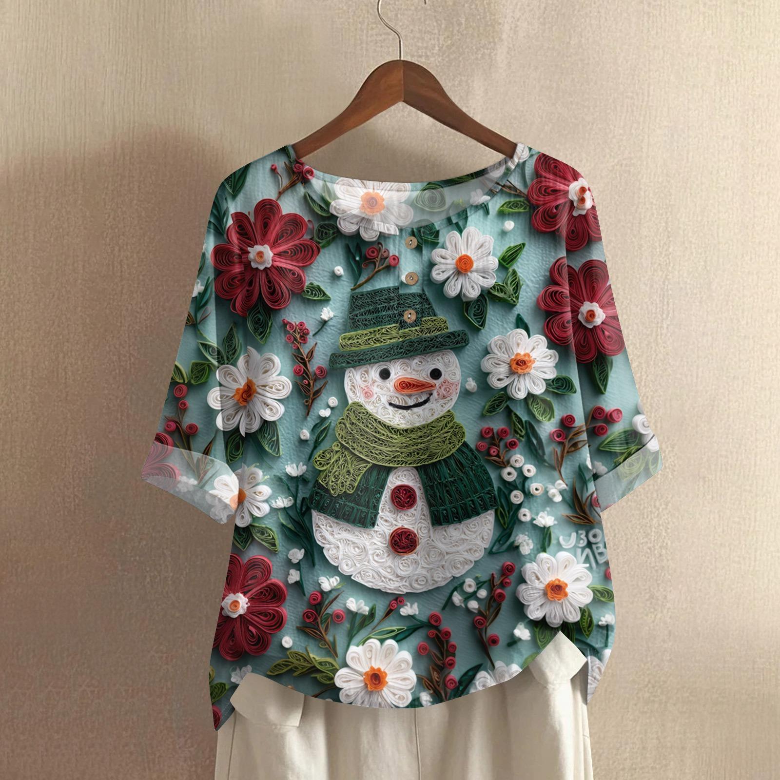 

Women s Fashionable And Casual Shirt Half-sleeve Round Neck Print Cotton And Linen Blouse Top S