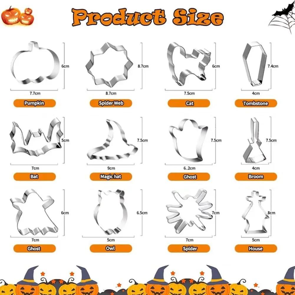 12PCS Halloween Cookie Cutter Stainless Steel Cartoon Cookie Mold Pumpkin Bat Ghost Spider Web Baking Molds Kitchen Baking Tools