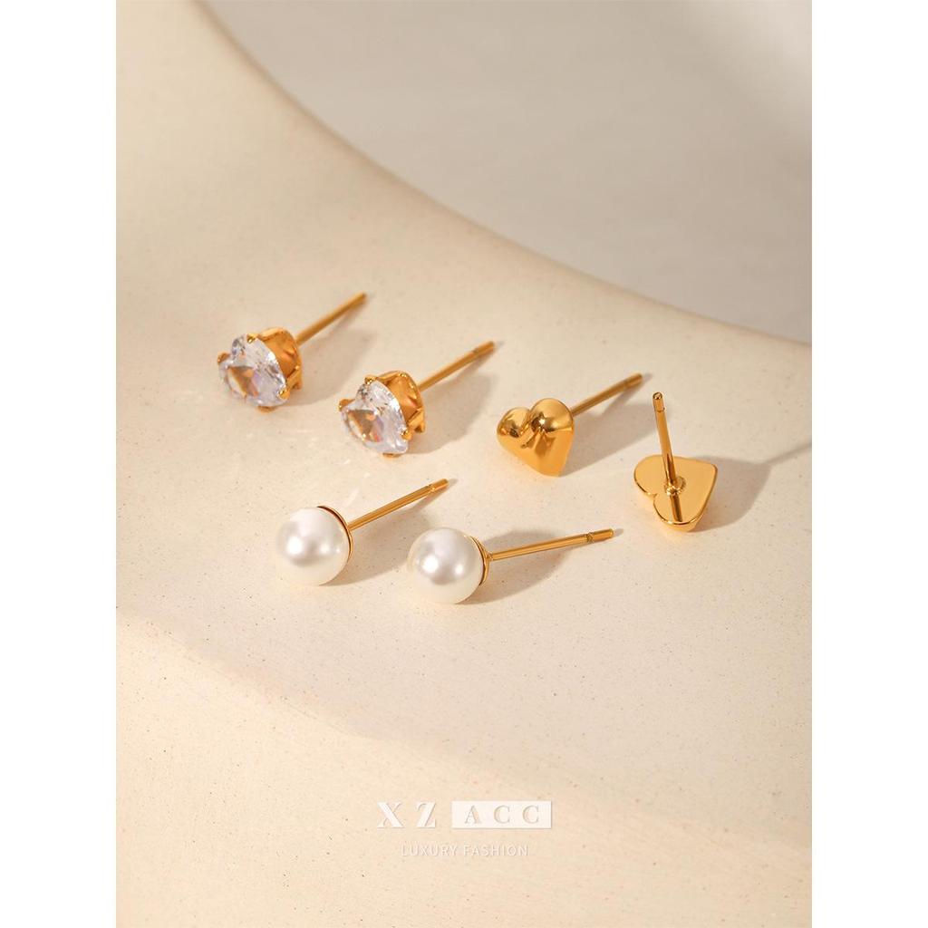 Elegant Freshwater Pearl & Zircon Heart Titanium Steel Earrings - High-End Light Luxury Women's Fashion