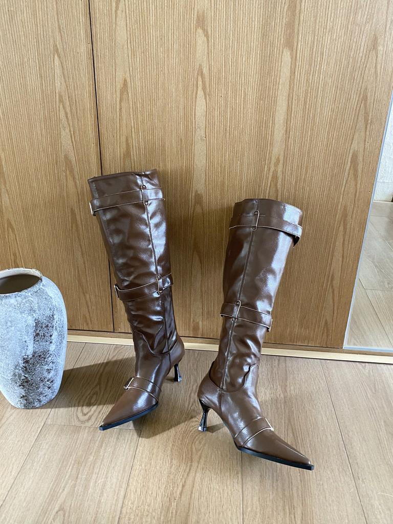 2025 autumn and winter new European and American style belt buckle pointed head thin heel high heel boots wide tube thin boots