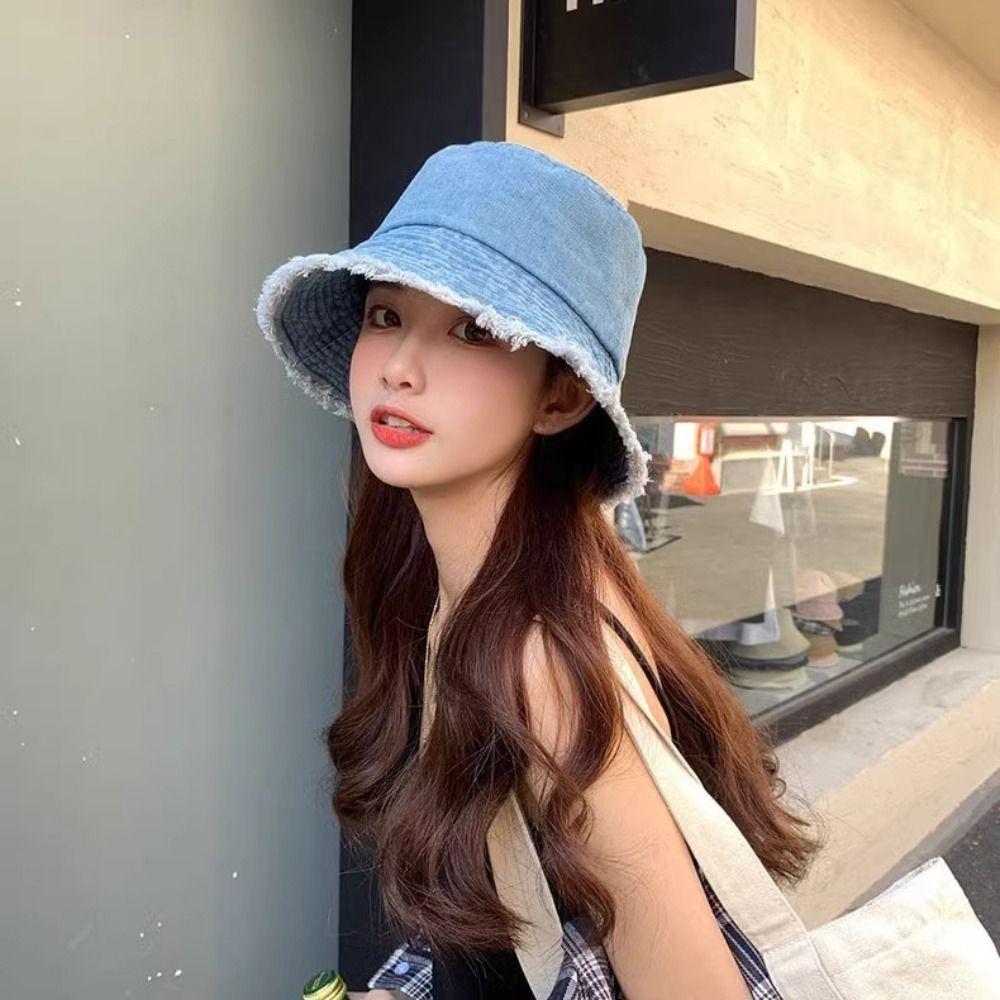 Tassel Denim Fisherman Hat Wide Brim Summer Sun Hat Cool Washed Denim Bucket Hat Climbing