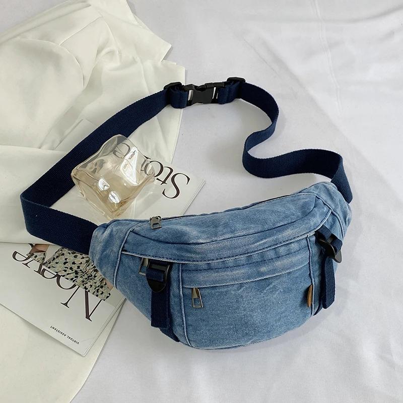 Casual Waist Bag Ladies Designer Denim Fanny Pack Fashion Travel Money Phone Chest Banana Bag Large Capacity Female Bum Belt Bag
