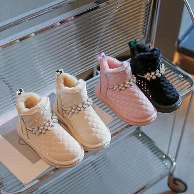 Girls Snow Boots Plus Velvet Thickened Waterproof Non-slip Baby Cotton Shoes Autumn Winter New Simple Kids Pearls Pink Boots