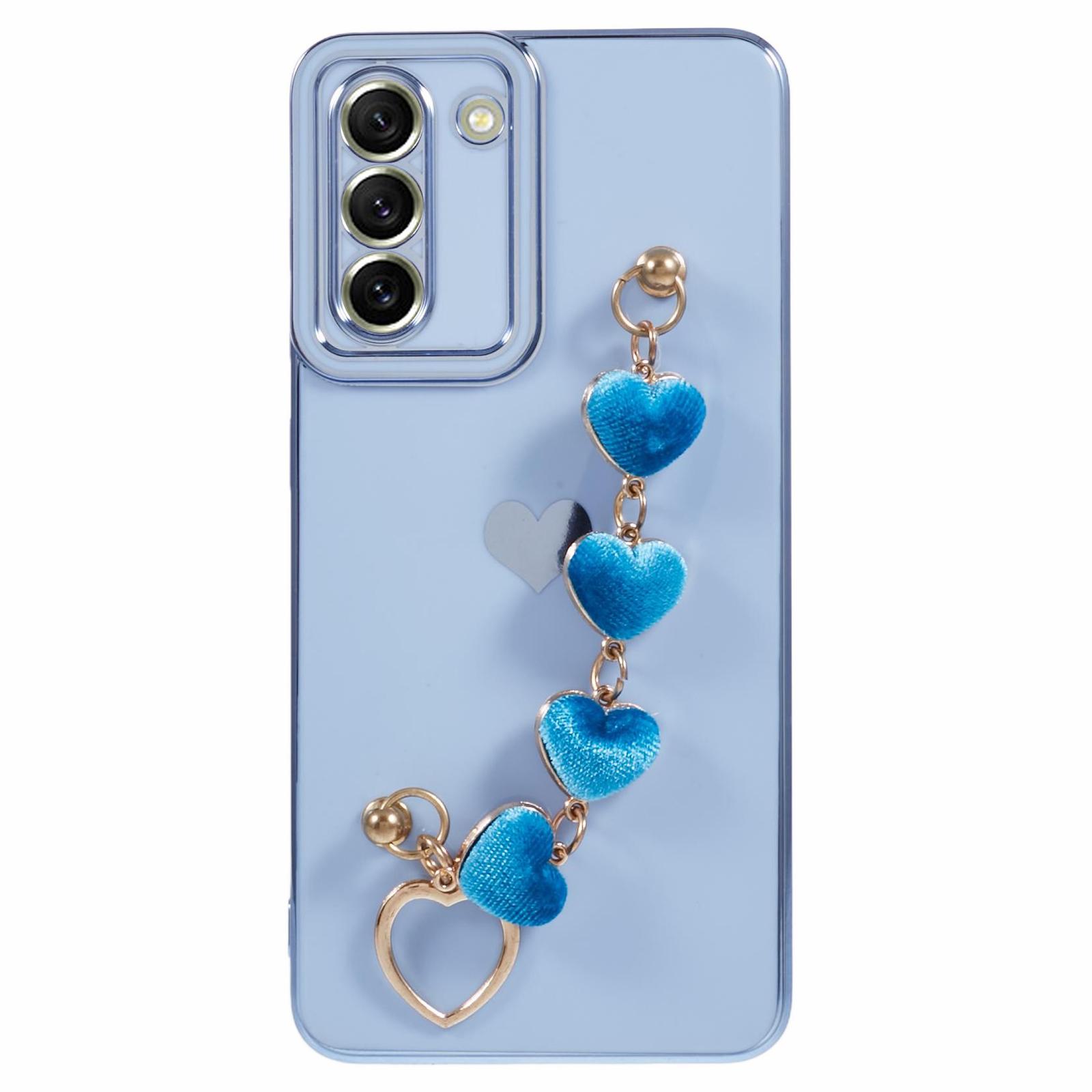 

For Samsung Galaxy S21 FE 5G TPU Case Heart Pattern Electroplating Phone Cover with Strap Blue