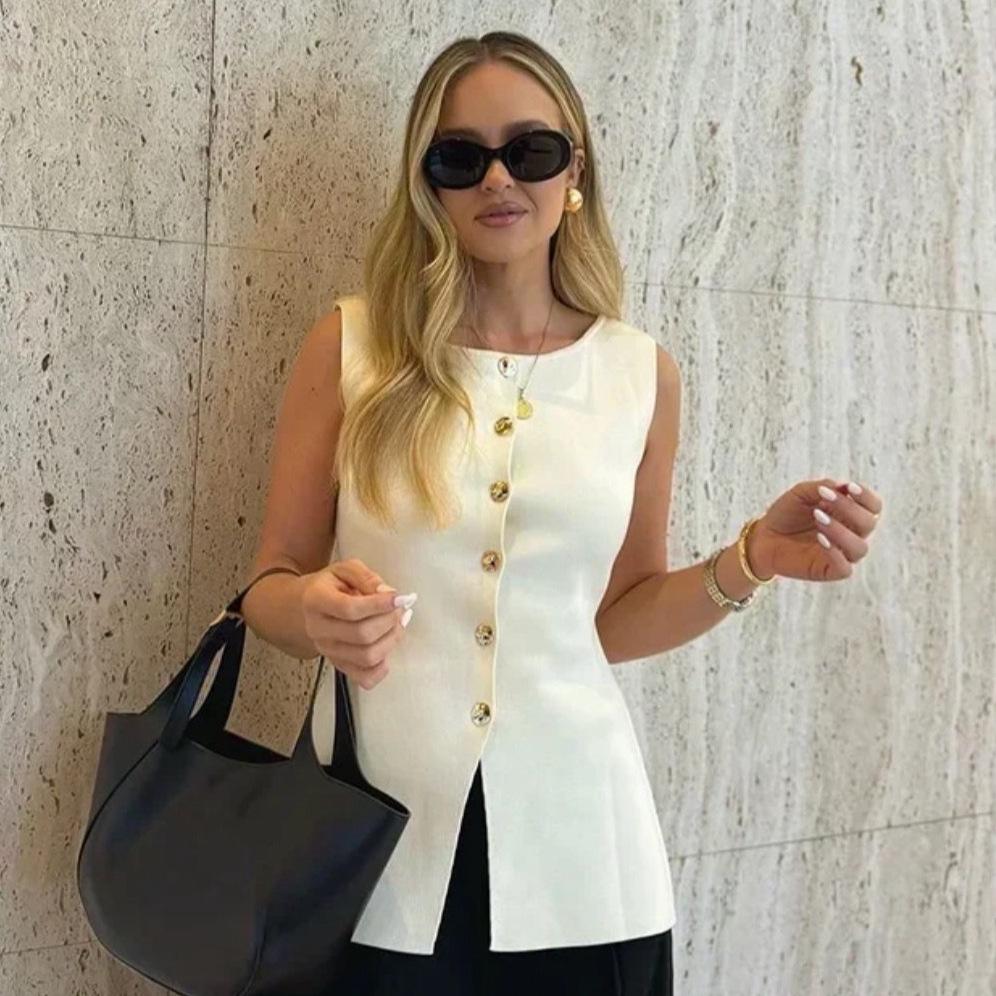 Europäischer & Amerikanischer Stil Damen Gold Doppelreihige Strickweste