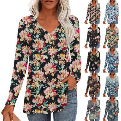 Moda Mujer Casual Plisado Cuello en V Estampado de Plantas Manga Larga Camiseta Top