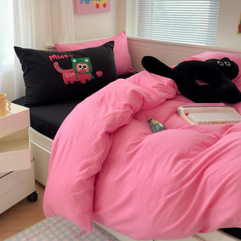 Korean Style Girl Heart Pink Cat Towel Embroidered With Washed Cotton Bedding Set Simple Bed Sheet Hat And Duvet Cover Set