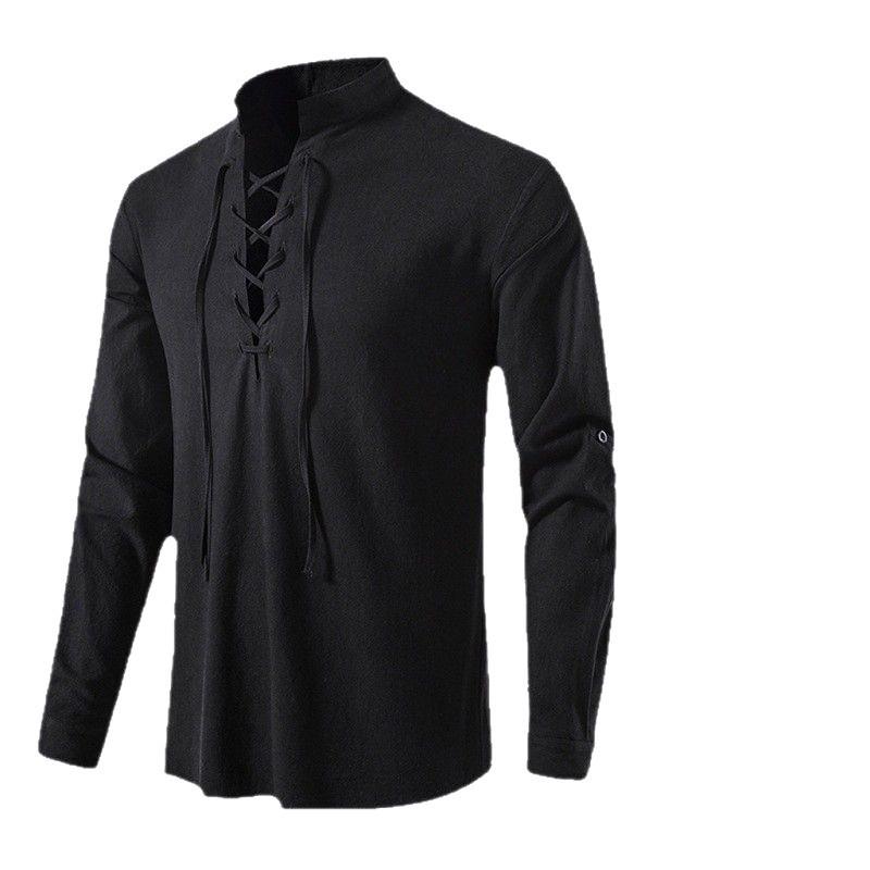 Men's Cotton Linen Henley Shirt, European Size, Long Sleeve, Casual Stand Collar, Spring Summer 2022 Collection