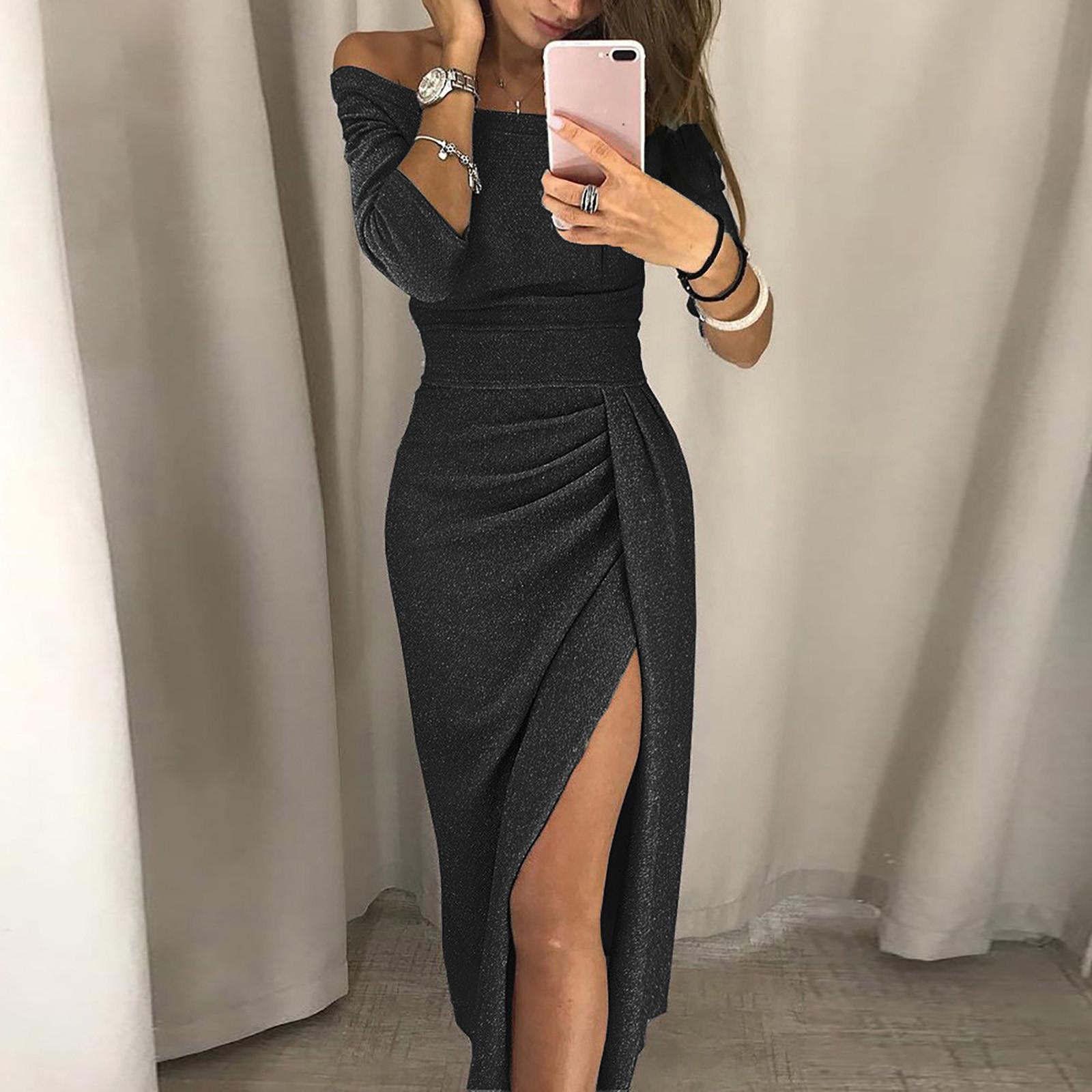 Women s Fashion Sexy Strapless High Slit Tight Dress Long Sleeve Dress XXXL чёрный