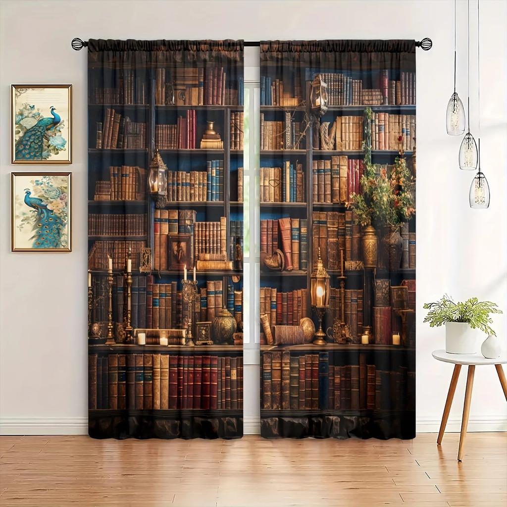 Set Of 2 Bookshelf Printed Curtain Curtains Living Room Library Decor Blackout With Rod Pocket Polyester Ideal For Area