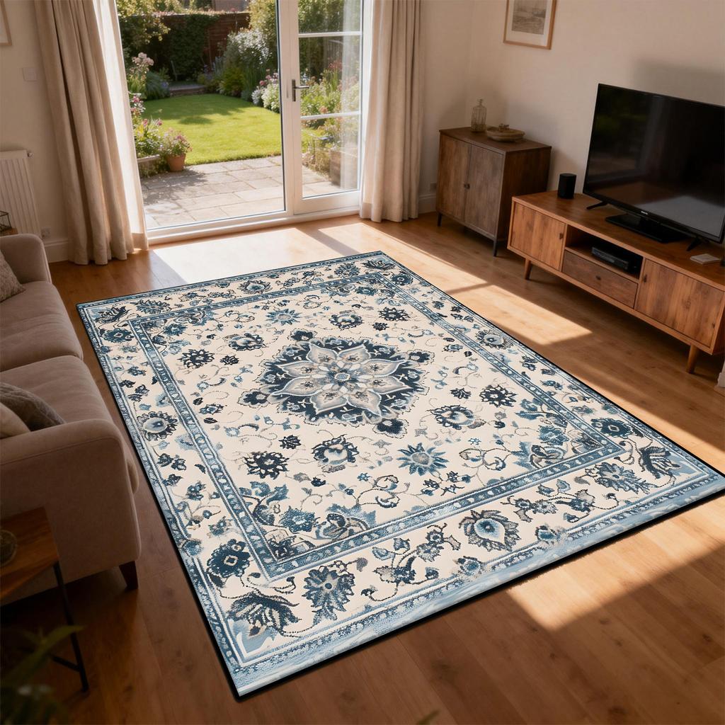 Persian Blue White Carpet Ethnic Style Living Room Decoration Sofa Rug Short Velvet Easy Clean Bedroom Parlor Floor Mat Non-slip