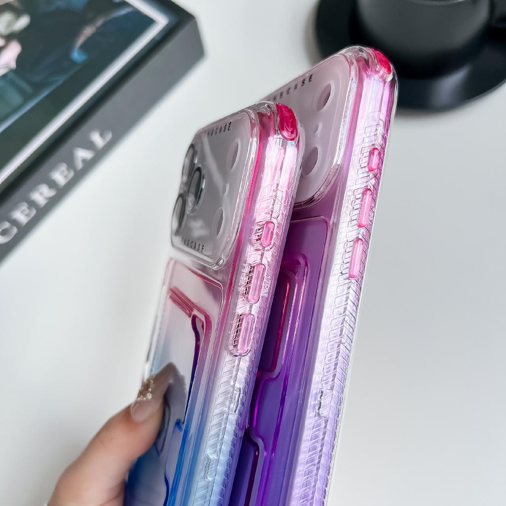 For iPhone 17 Pro Max Case Card Holder Gradient Color PC+TPU Phone Back Cover with Lens Film/Wrist Strap