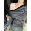Off-Shoulder Spice Girl Slim-Fit Niche Bottom Shirt Women's Spring Stripe Contrast Color Long Sleeve Shoulder Top