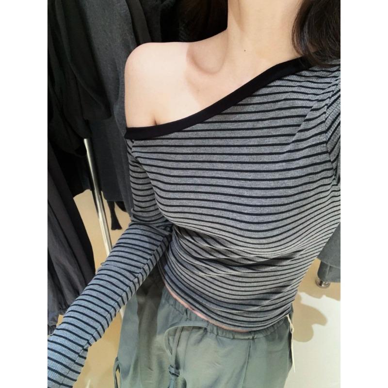 Off-Shoulder Spice Girl Slim-Fit Niche Bottom Shirt Women's Spring Stripe Contrast Color Long Sleeve Shoulder Top