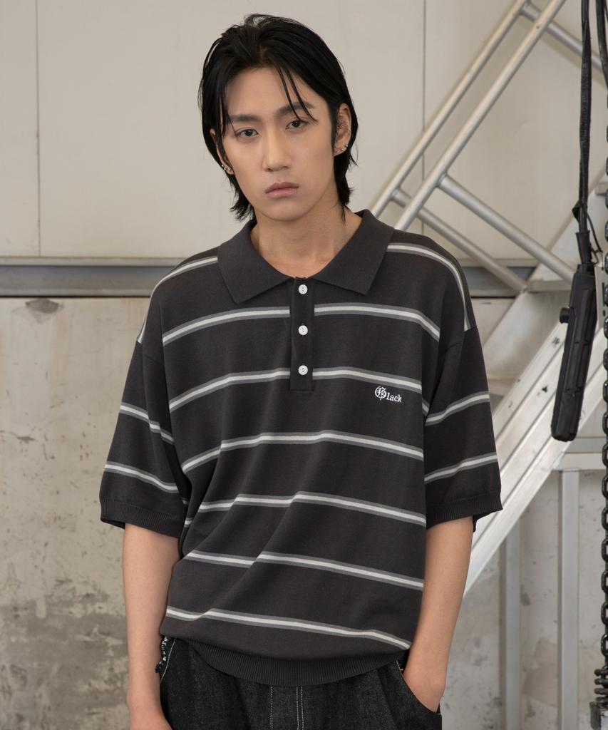 GLACK Gnt016 Mobster Striped Collar Knit (Charcoal Gray)