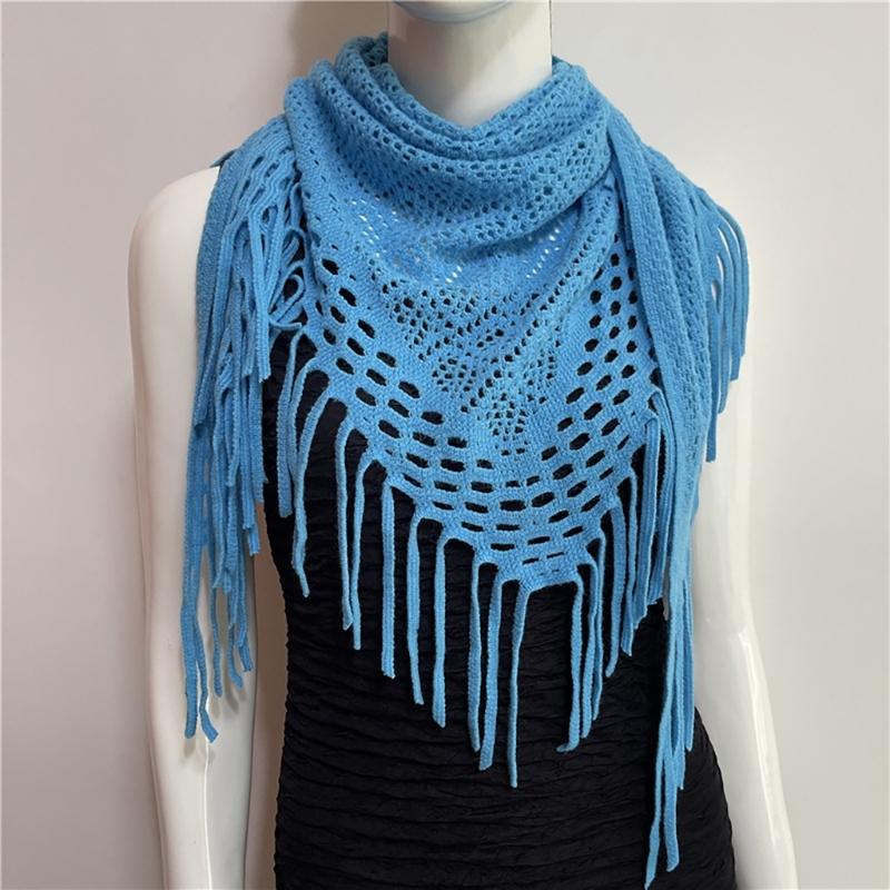 Women's Hollowed Knitted Triangular Scarf Imitation Cashmeres Soft Winter Shawl Wrap Neckerchief Blanket with Fringes
