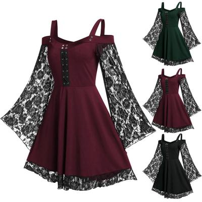 Women Dress Lace Patchwork Butterfly Sleeve Halloween Large Hem Low Cut Eyelets Dress for Halloween