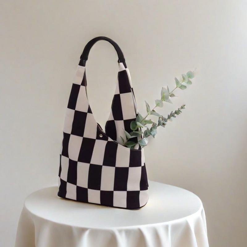 

Корейская холщовая сумка-тоут с цветочным узором в клетку: Сладкая, Универсальная, Вместительная, Сумка на одно плечо