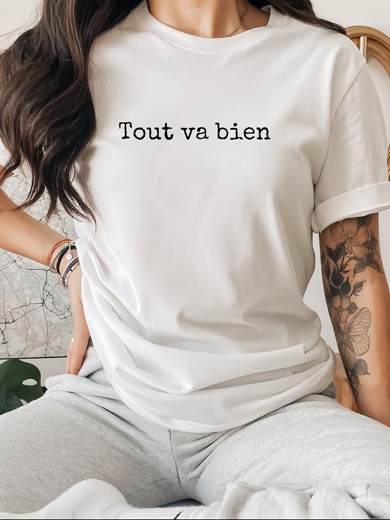 Letter Print T-shirt, Short Sleeve Crew Neck Casual Top For Summer & Spring, Women's Clothing