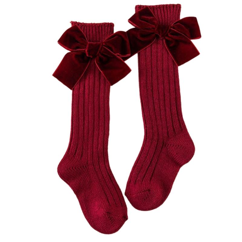 1 Pair Sweet Cotton Calf Length Socks With Bowknot Patterned Ribbon Design For Little Girls Everyday Wear Party S вино красного