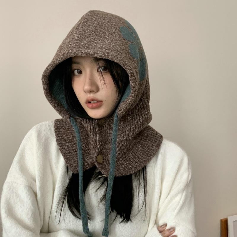 Knitted Warm Wool Hat Women's Winter Flower Drawstring Balaclava Ear Cap