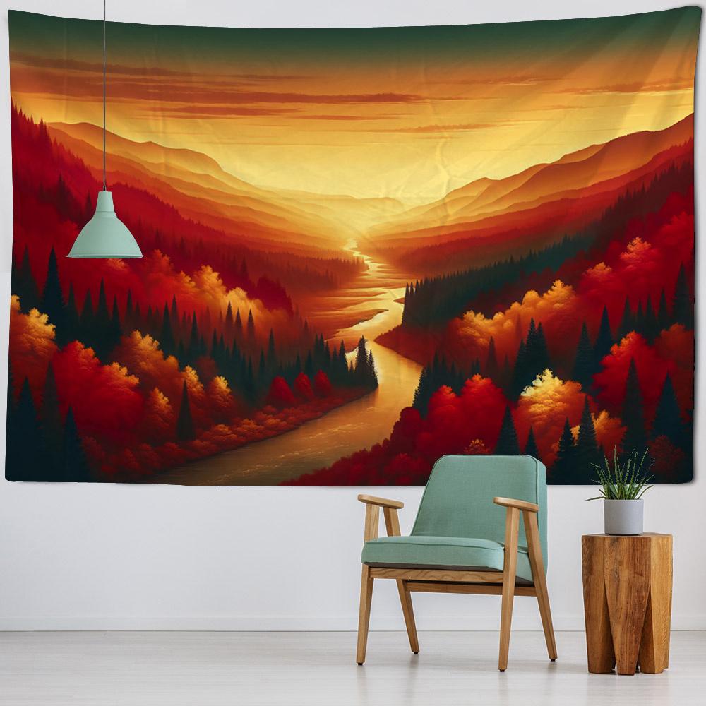 Colorful Landscape Illustration Tapestry Wall Art Decoration Dreamy Forest Mountain Bedroom Living Room Hippie Home Decoration