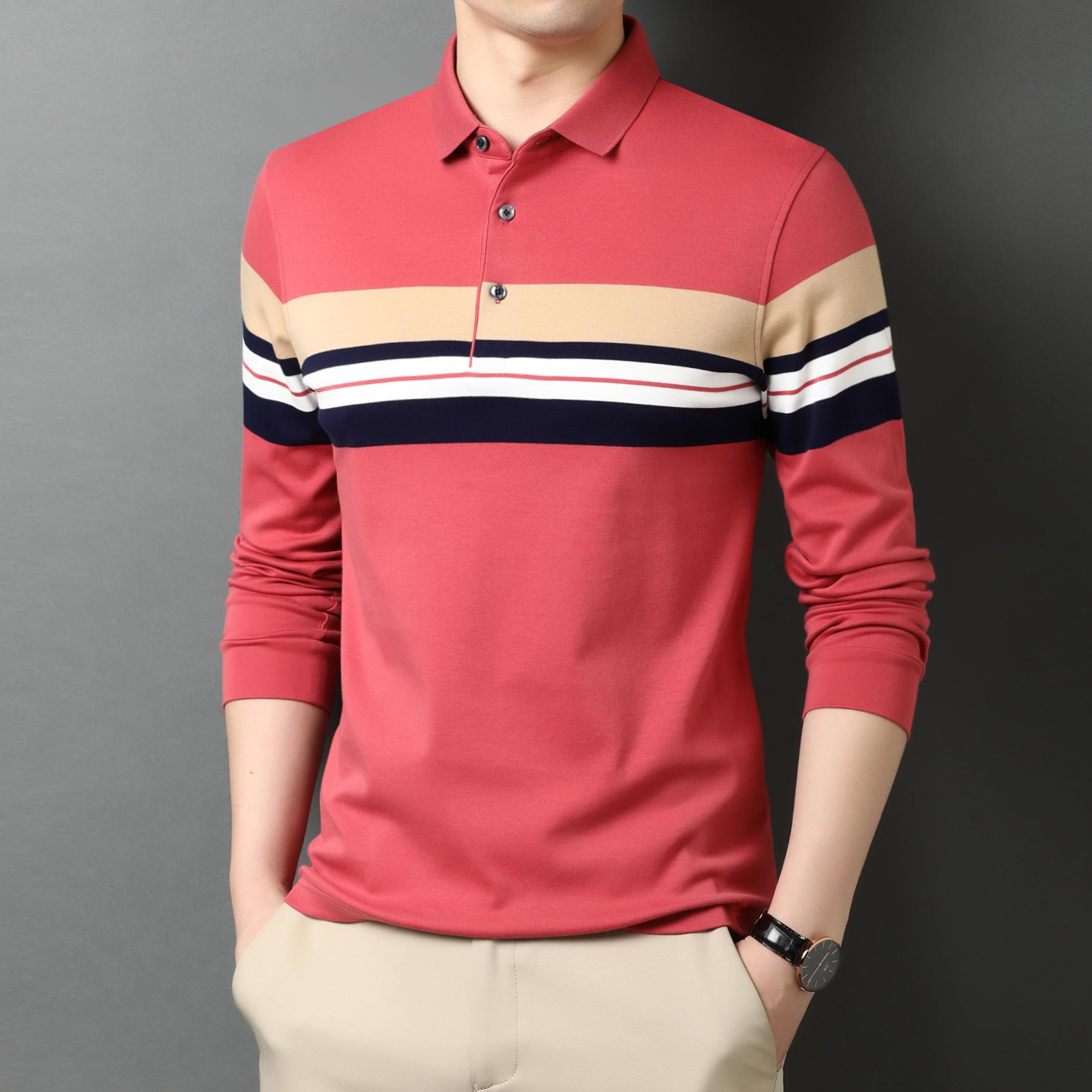 

Весенне-осенняя мужская футболка с длинными рукавами среднего возраста, осенняя одежда для папы, свободная рубашка-поло в полоску с лацканами, тонкая XL