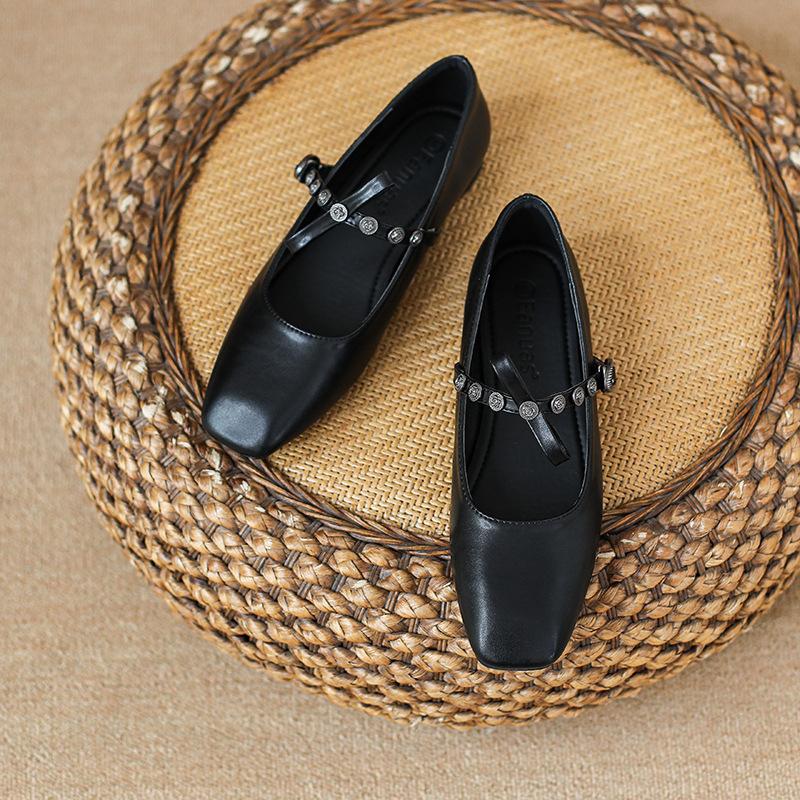 Shoes women's flat bow light mouth ballet shoes square head retro casual driving Mary Jane shoes single shoes women's summer