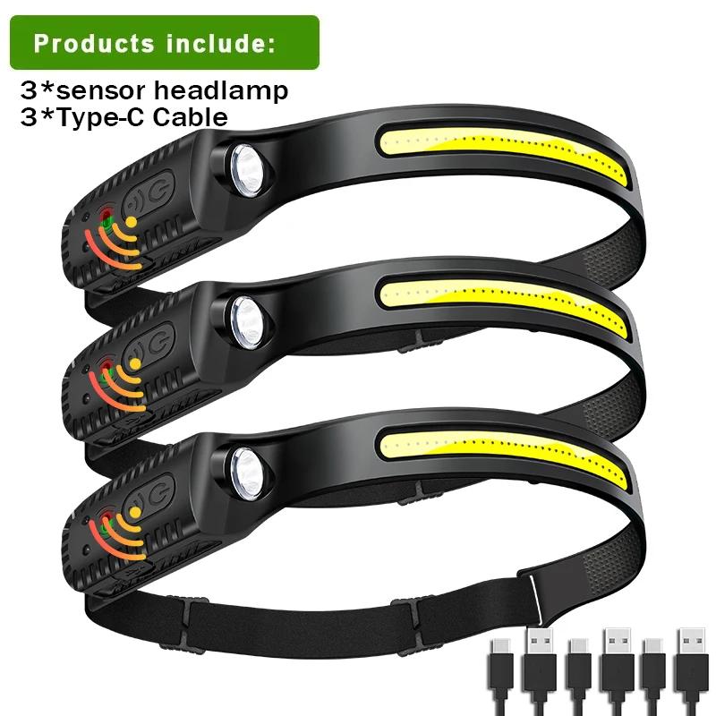 Induction Headlamp COB LED Sensor Head Lamp Built-in Battery Flashlight USB Rechargeable Head Torch 5 Lighting Modes Headlight