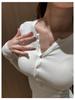 Slightly Mature Henley Collar Buttoned Shoulder Long Sleeve Women's Slim Fit Faux Cashmere Top for Autumn/Winter