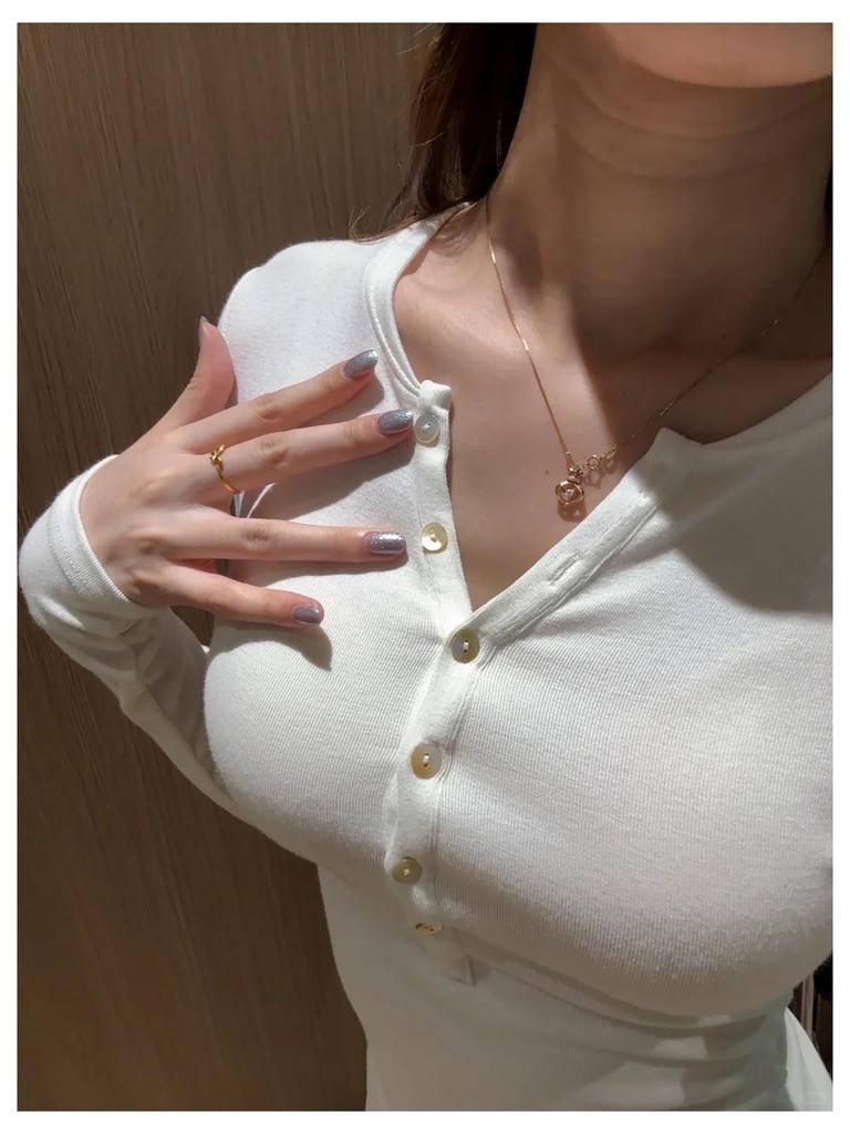 Slightly Mature Henley Collar Buttoned Shoulder Long Sleeve Women's Slim Fit Faux Cashmere Top for Autumn/Winter