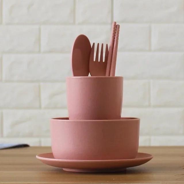 6 Stück/Set Weizenstroh Babygeschirr Kinder Essgeschirr Schüssel Fütterung Säugling Lernen Essbesteck Löffel Essstäbchen Gabel Tasse