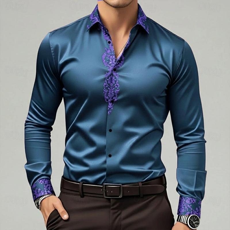 2025 Herren Neue Modische Hohe Qualität Gold Muster Satin Hohe Qualität Herren Langarm Kragen Hemd Geeignet für Party Wearin
