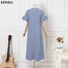 VONDA Summer Women O Neck Ruffled Short Sleeve Casual Pleated Maxi Dress Robes