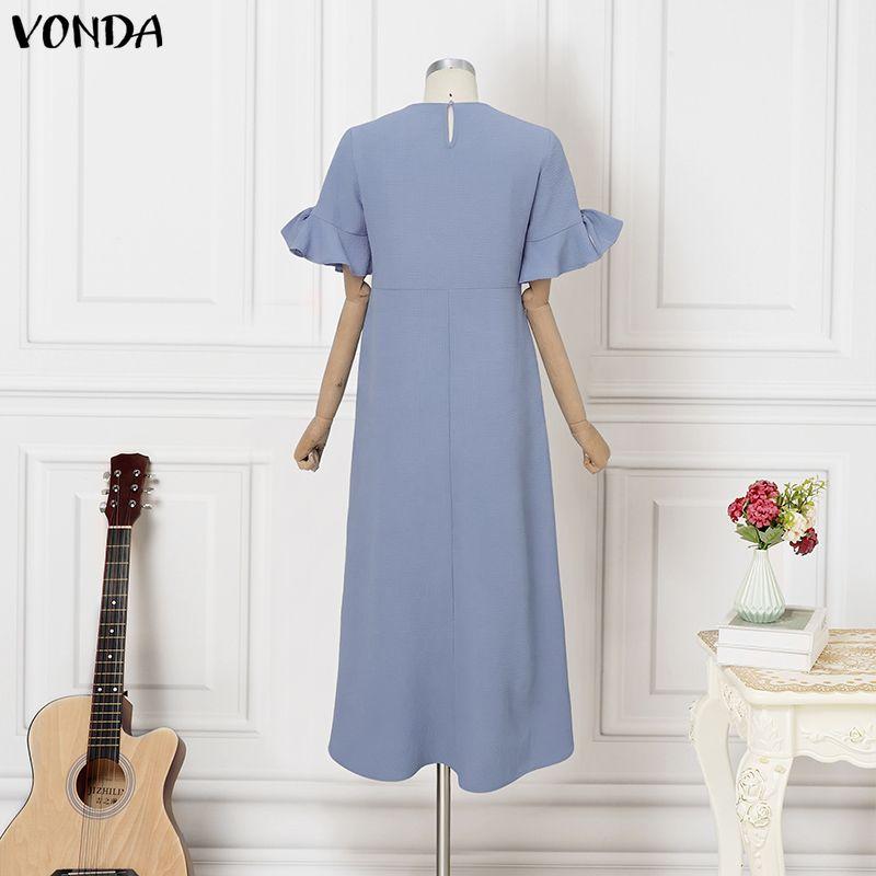 VONDA Summer Women O Neck Ruffled Short Sleeve Casual Pleated Maxi Dress Robes
