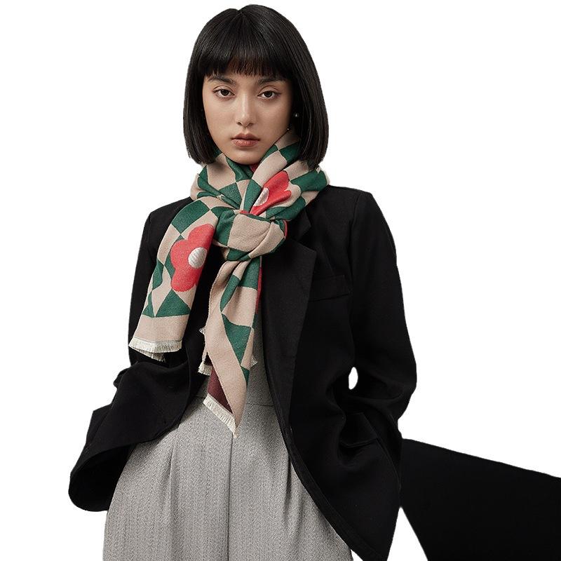 Imitation Cashmere Double-Sided Scarf Women'S Winter Versatile Dual-Purpose Shawl Thickened Warm Plaid Scarf
