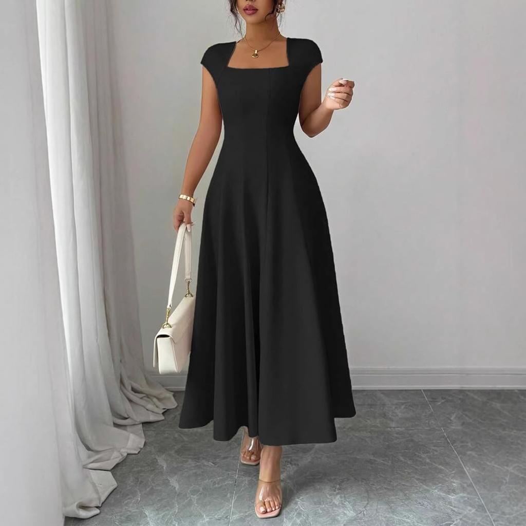 Vestido Elegante Largo de Manga Corta con Escote Cuadrado para Mujer